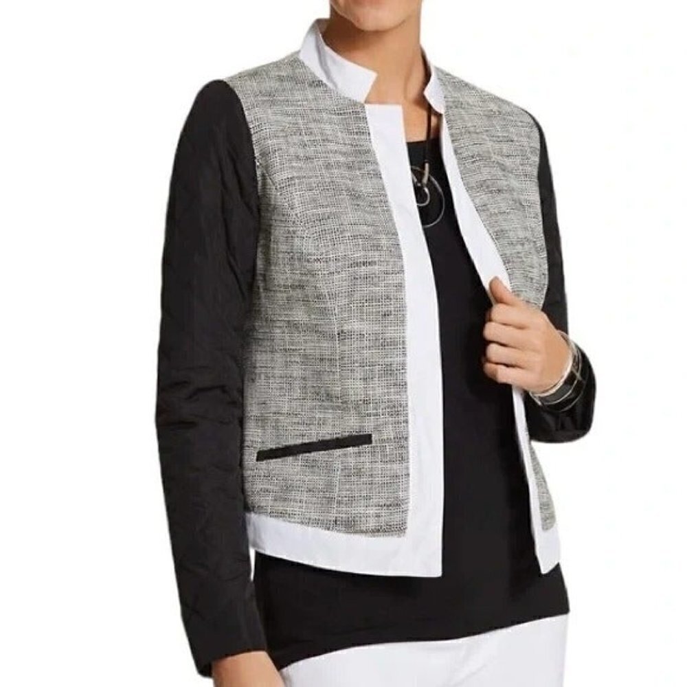 Chicos Quilted Mixed Tweed Jacket Black White Open Front Size 3 Petite‎ (XL)